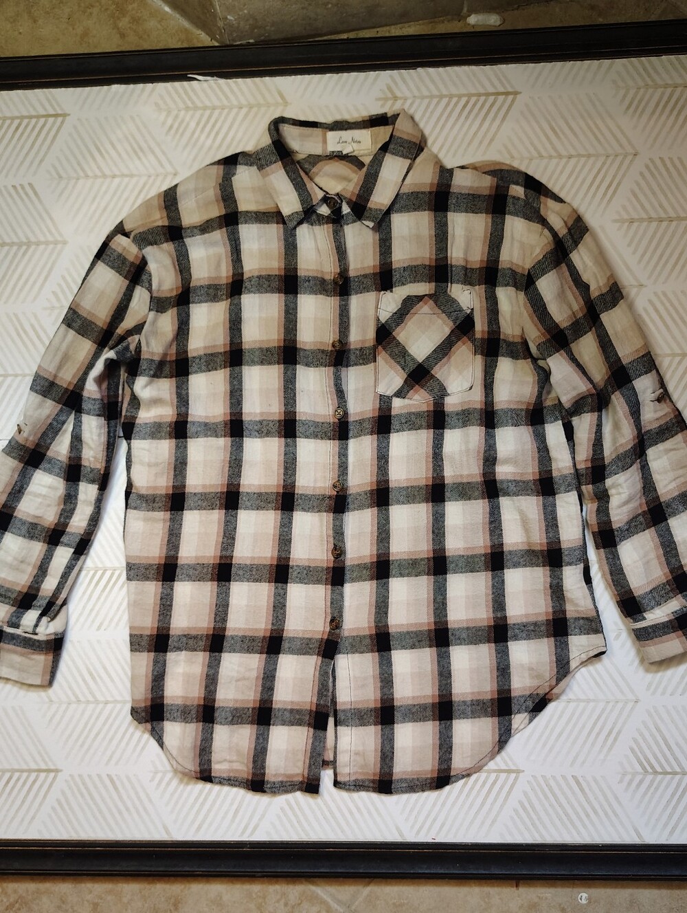 Love Notes Beige and‎ Black Plaid Button-Down Shirt